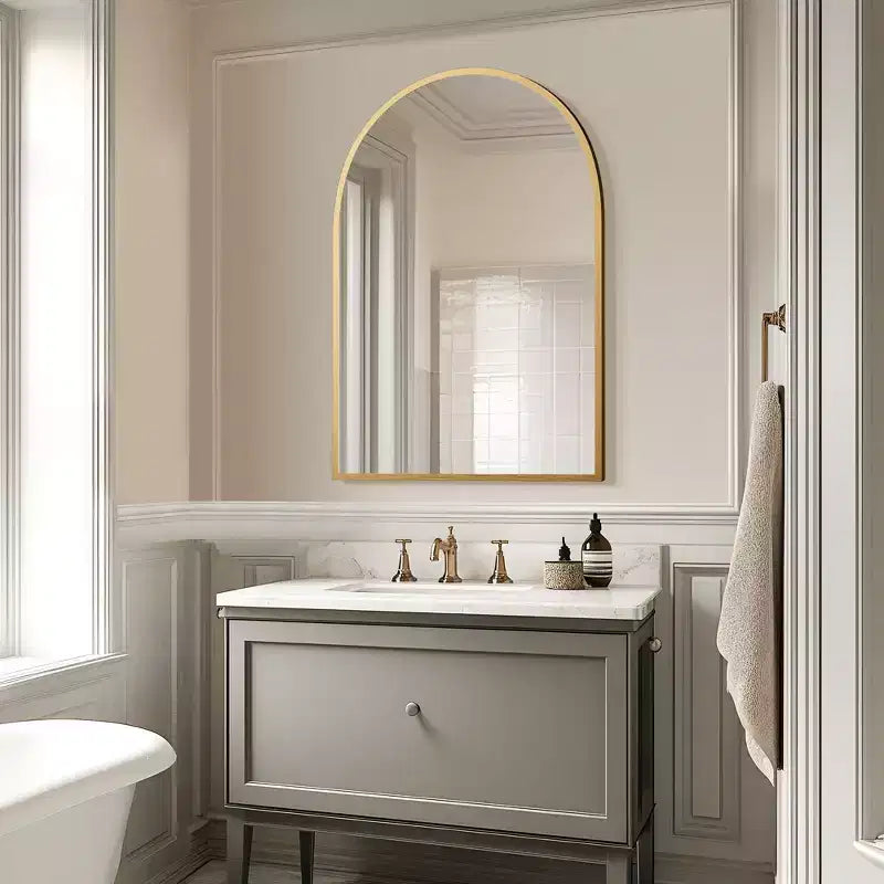 Specchio da parete dorato a forma di arco con bordo sottile in lega di alluminio, ad angolo retto, installazione bifacciale