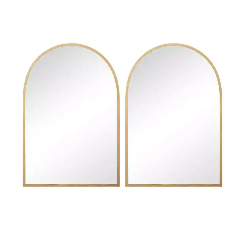 Specchio da parete dorato a forma di arco con bordo sottile in lega di alluminio, ad angolo retto, installazione bifacciale