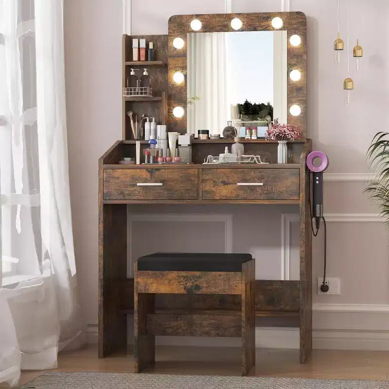 Toeletta con Specchio Illuminato, Presa di Corrente, 3 Modalità di Illuminazione e 2 Cassetti – Tavolo Trucco