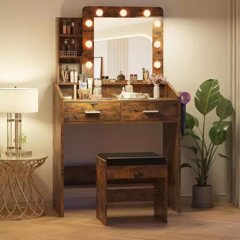 Toeletta con Specchio Illuminato, Presa di Corrente, 3 Modalità di Illuminazione e 2 Cassetti – Tavolo Trucco