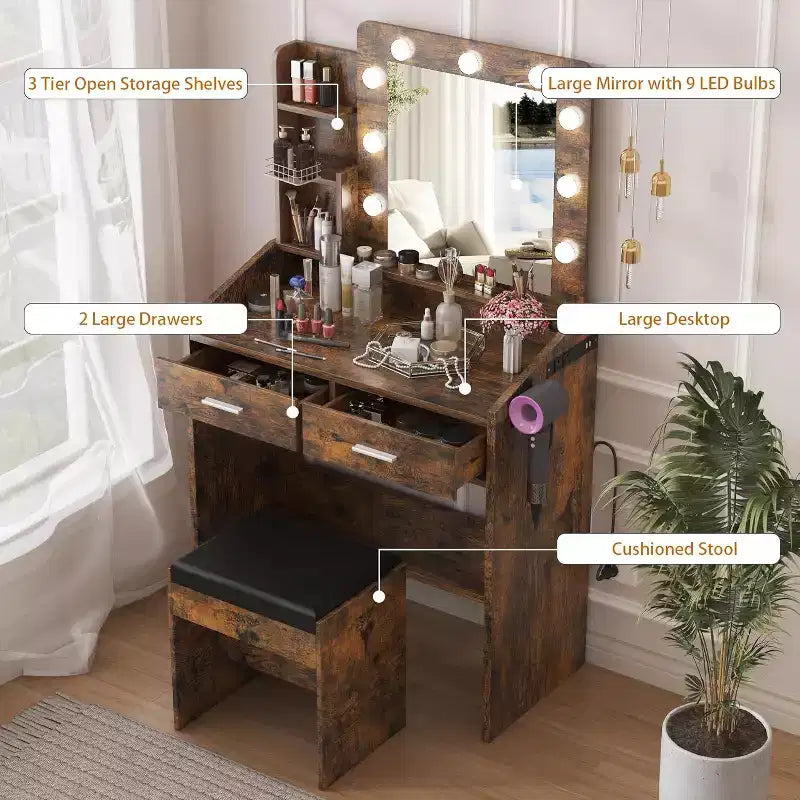 Toeletta con Specchio Illuminato, Presa di Corrente, 3 Modalità di Illuminazione e 2 Cassetti – Tavolo Trucco