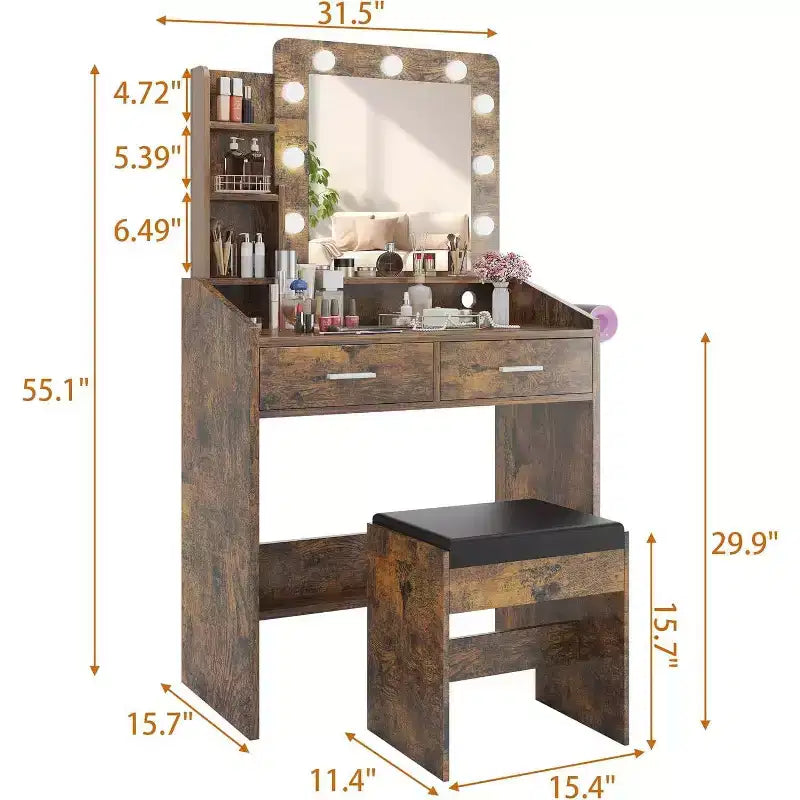 Toeletta con Specchio Illuminato, Presa di Corrente, 3 Modalità di Illuminazione e 2 Cassetti – Tavolo Trucco