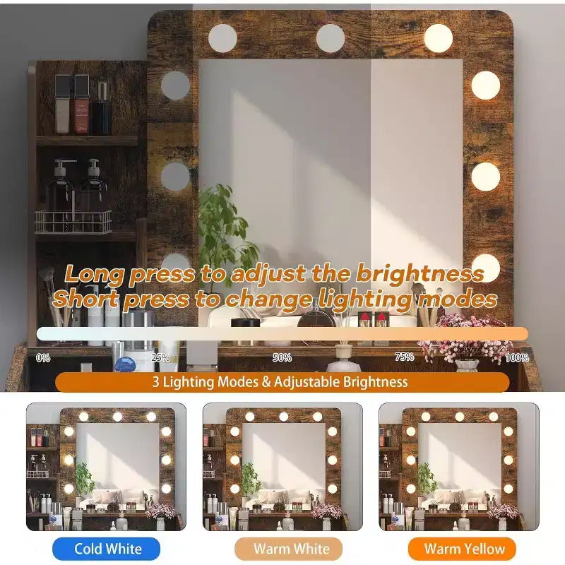 Toeletta con Specchio Illuminato, Presa di Corrente, 3 Modalità di Illuminazione e 2 Cassetti – Tavolo Trucco