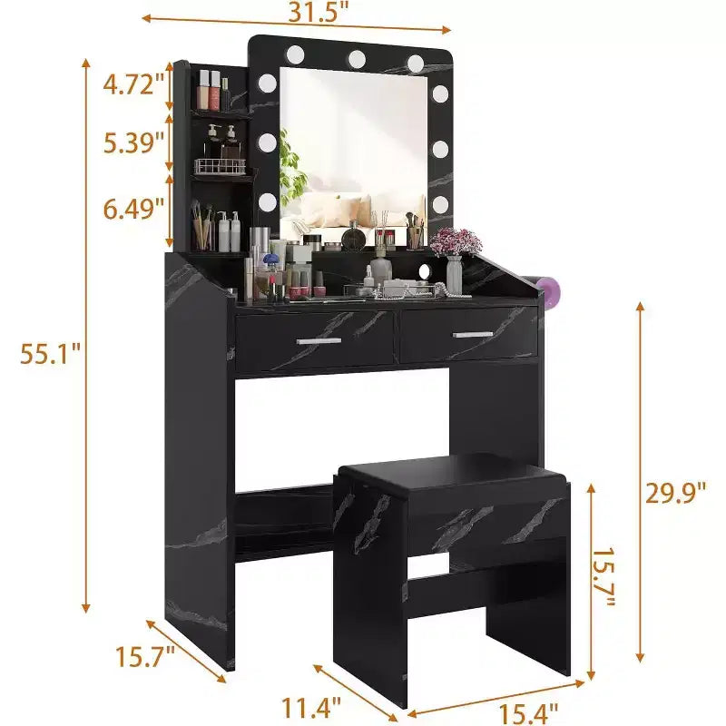 Toeletta con Specchio Illuminato, Presa di Corrente, 3 Modalità di Illuminazione e 2 Cassetti – Tavolo Trucco
