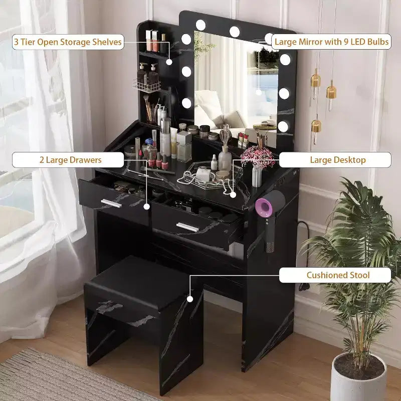 Toeletta con Specchio Illuminato, Presa di Corrente, 3 Modalità di Illuminazione e 2 Cassetti – Tavolo Trucco