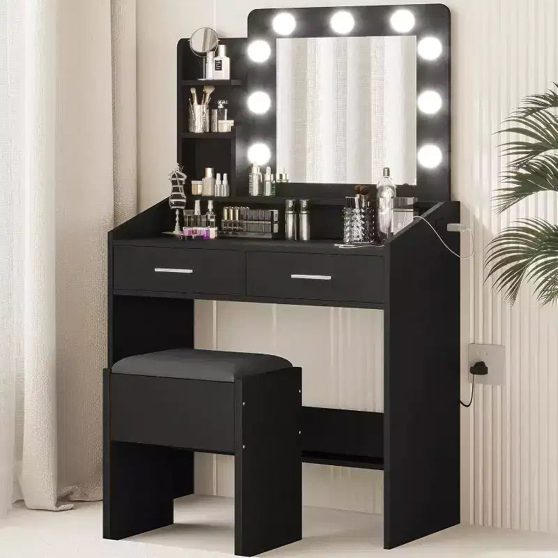 Vanity Desk with Lighted Mirror, Power Outlet, 3 Lighting Modes & 2 Drawers – Makeup Table