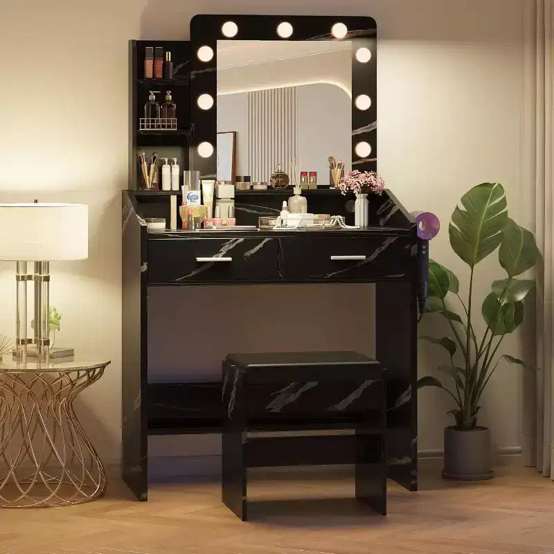 Toeletta con Specchio Illuminato, Presa di Corrente, 3 Modalità di Illuminazione e 2 Cassetti – Tavolo Trucco