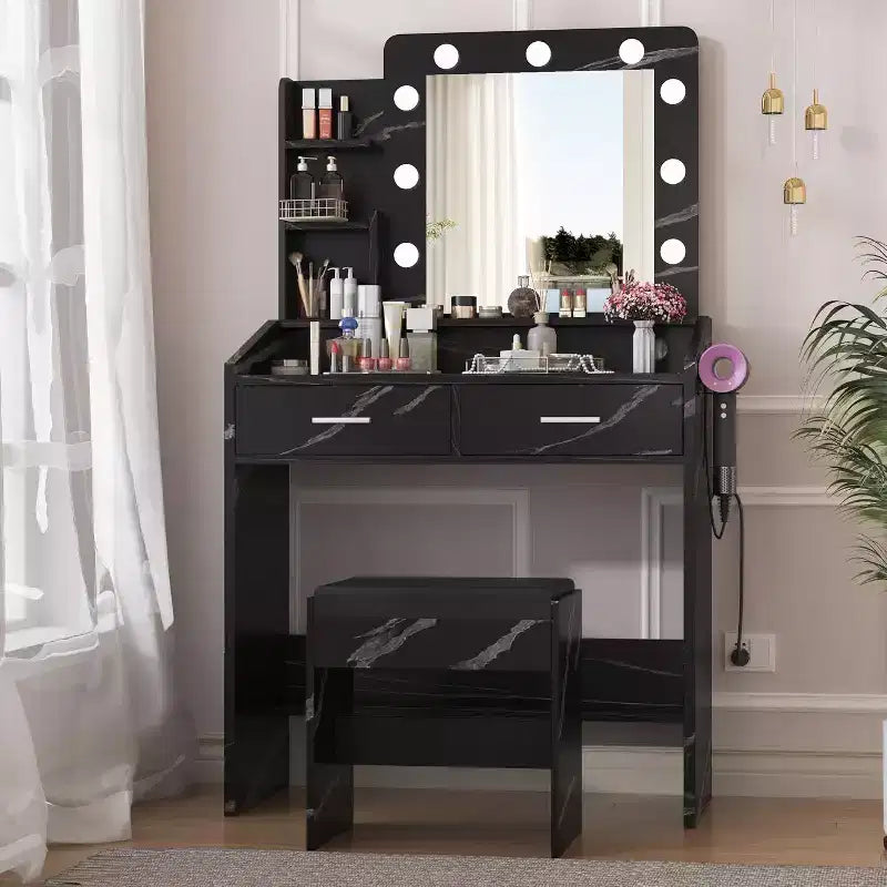Toeletta con Specchio Illuminato, Presa di Corrente, 3 Modalità di Illuminazione e 2 Cassetti – Tavolo Trucco