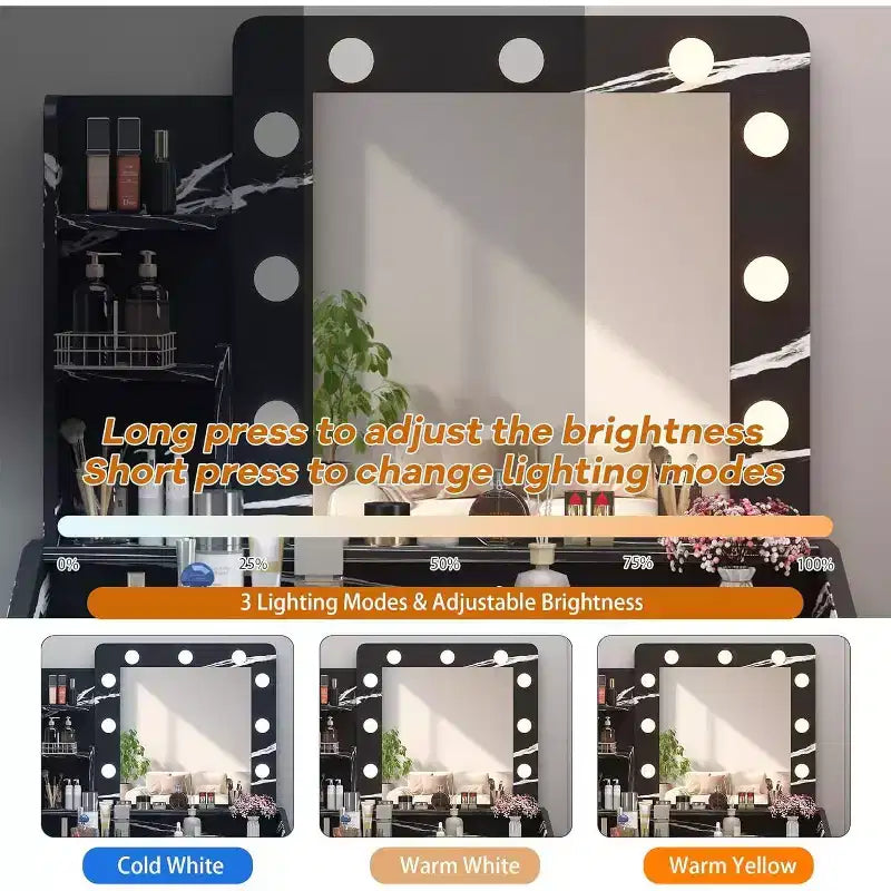 Toeletta con Specchio Illuminato, Presa di Corrente, 3 Modalità di Illuminazione e 2 Cassetti – Tavolo Trucco