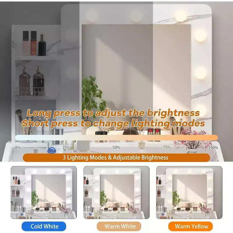 Toeletta con Specchio Illuminato, Presa di Corrente, 3 Modalità di Illuminazione e 2 Cassetti – Tavolo Trucco