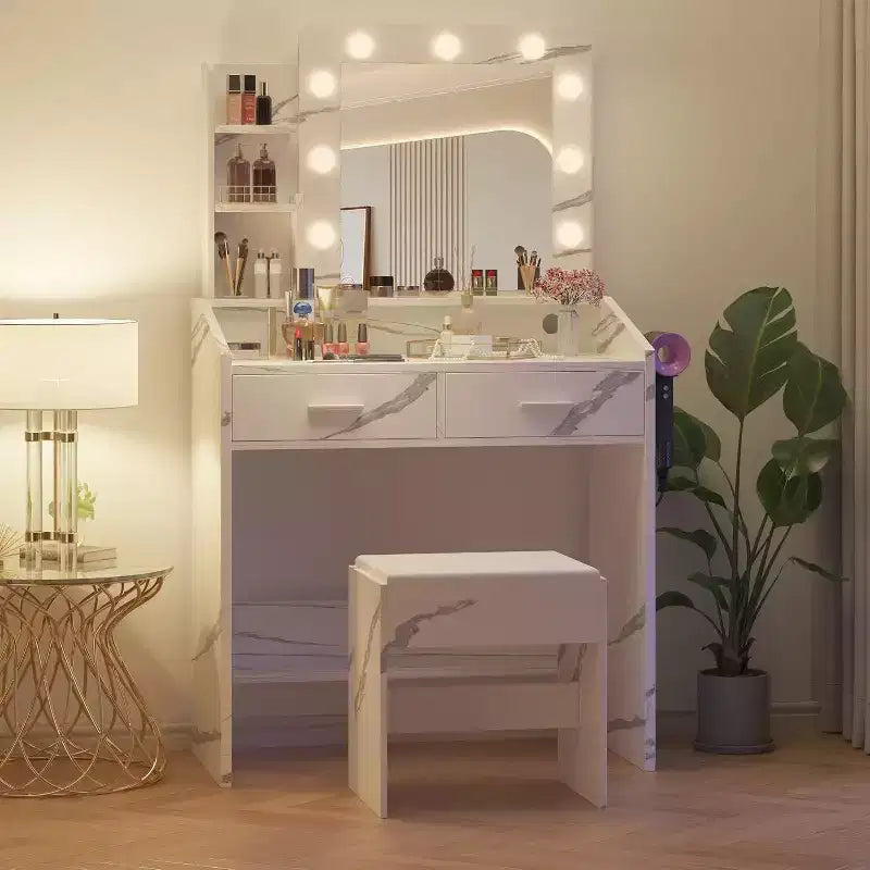 Toeletta con Specchio Illuminato, Presa di Corrente, 3 Modalità di Illuminazione e 2 Cassetti – Tavolo Trucco