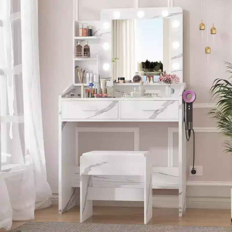 Toeletta con Specchio Illuminato, Presa di Corrente, 3 Modalità di Illuminazione e 2 Cassetti – Tavolo Trucco