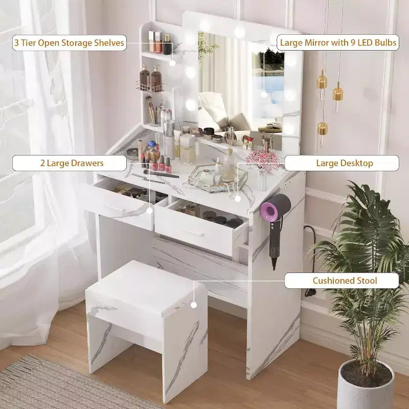 Toeletta con Specchio Illuminato, Presa di Corrente, 3 Modalità di Illuminazione e 2 Cassetti – Tavolo Trucco