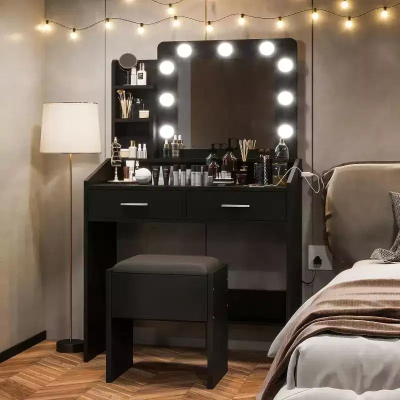 Vanity Desk with Lighted Mirror, Power Outlet, 3 Lighting Modes & 2 Drawers – Makeup Table