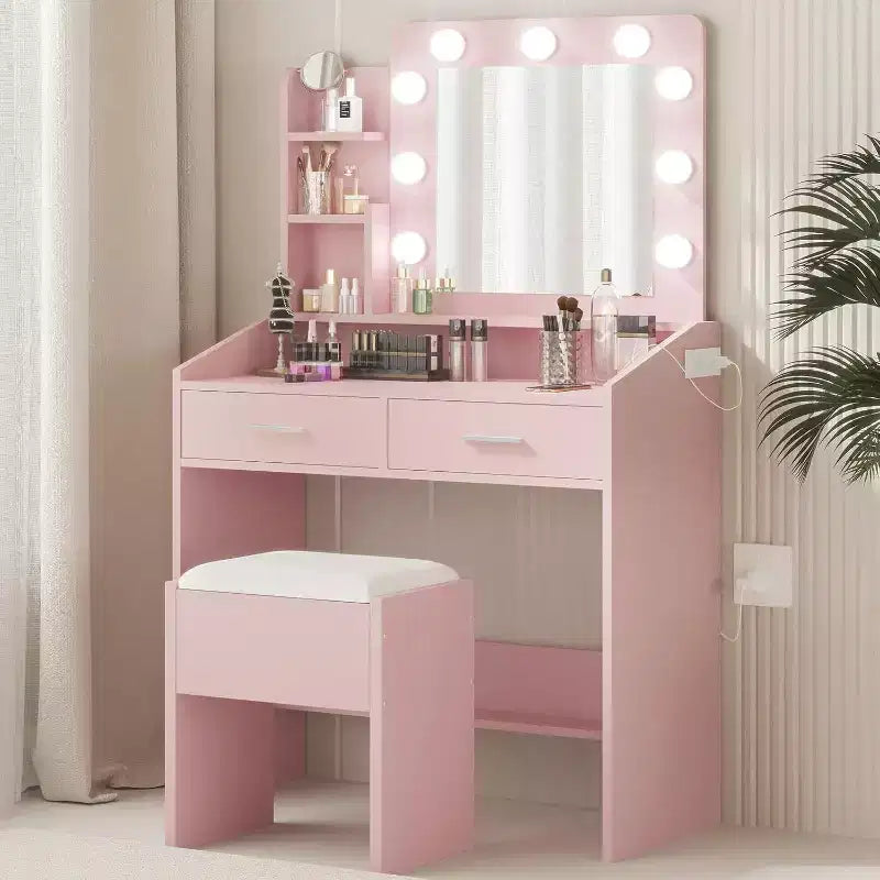 Toeletta con Specchio Illuminato, Presa di Corrente, 3 Modalità di Illuminazione e 2 Cassetti – Tavolo Trucco