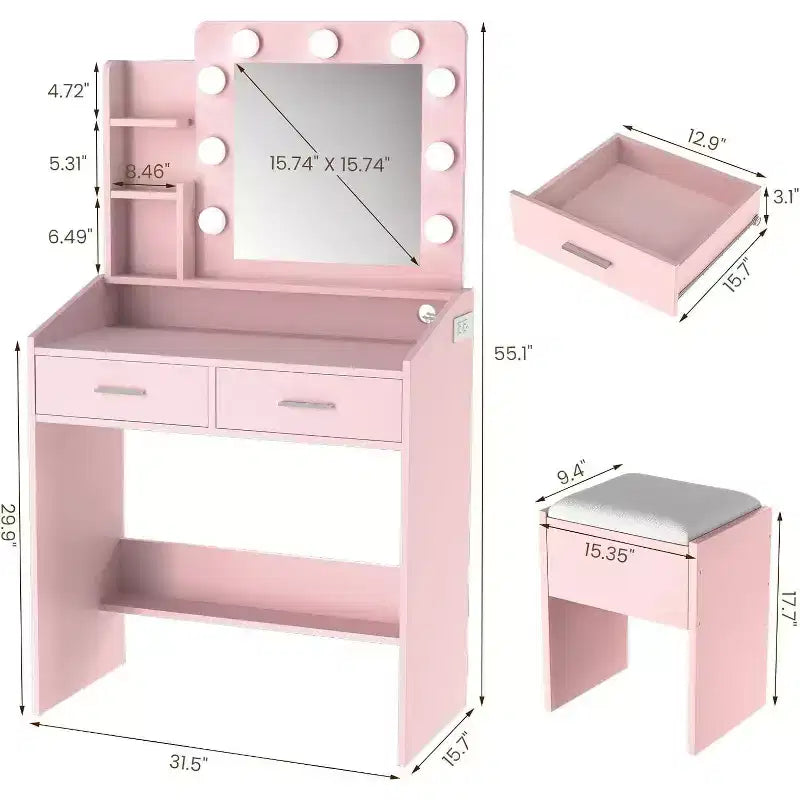 Toeletta con Specchio Illuminato, Presa di Corrente, 3 Modalità di Illuminazione e 2 Cassetti – Tavolo Trucco