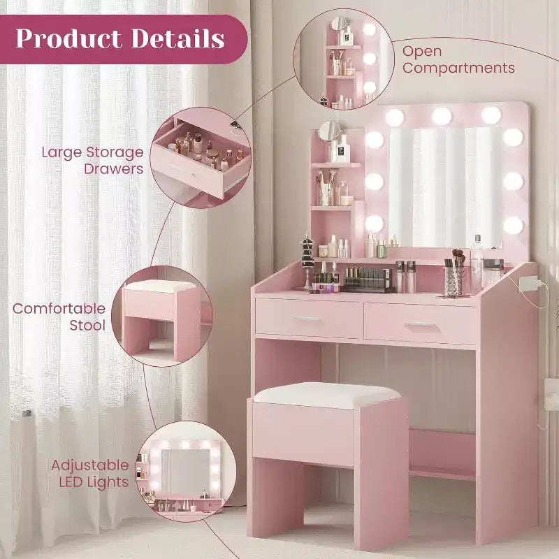 Toeletta con Specchio Illuminato, Presa di Corrente, 3 Modalità di Illuminazione e 2 Cassetti – Tavolo Trucco