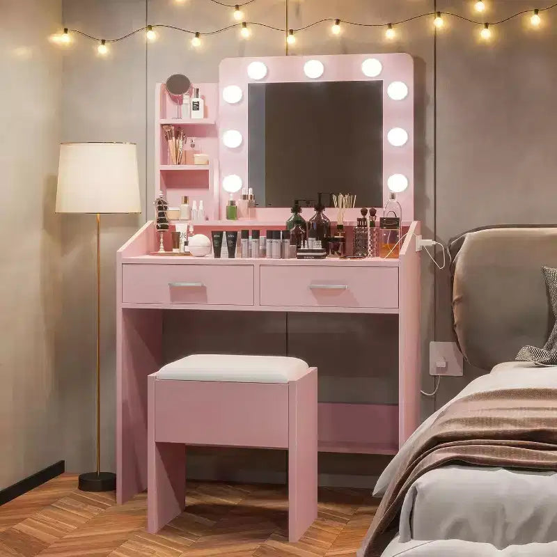 Toeletta con Specchio Illuminato, Presa di Corrente, 3 Modalità di Illuminazione e 2 Cassetti – Tavolo Trucco