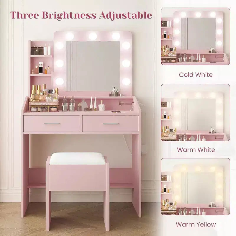 Toeletta con Specchio Illuminato, Presa di Corrente, 3 Modalità di Illuminazione e 2 Cassetti – Tavolo Trucco