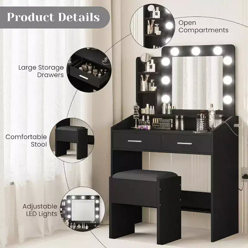 Vanity Desk with Lighted Mirror, Power Outlet, 3 Lighting Modes & 2 Drawers – Makeup Table