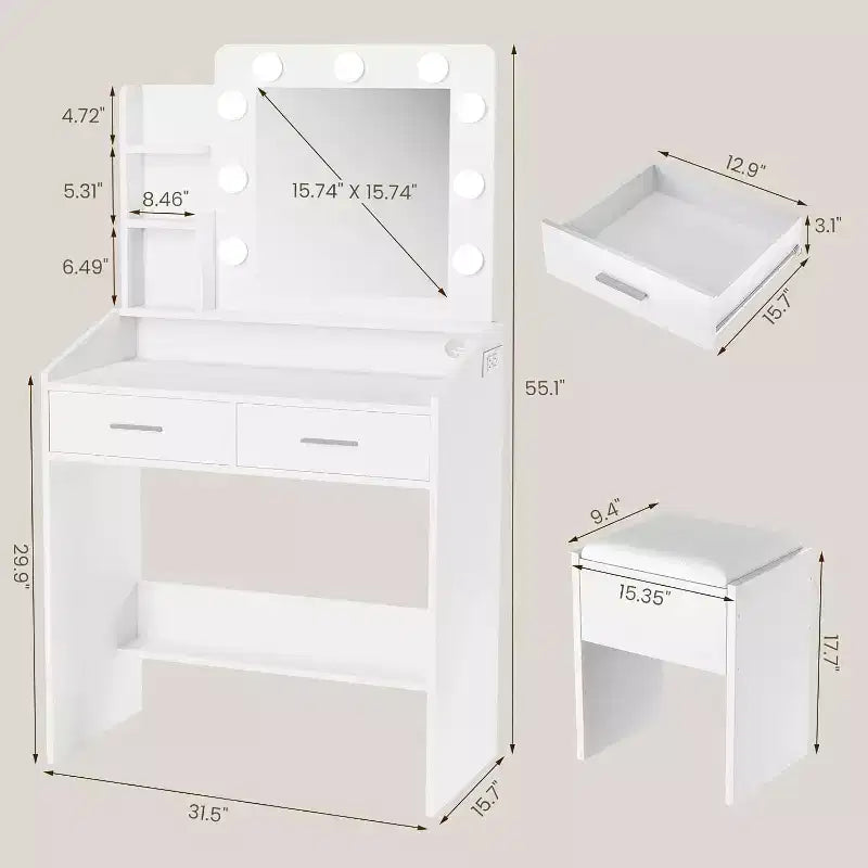 Toeletta con Specchio Illuminato, Presa di Corrente, 3 Modalità di Illuminazione e 2 Cassetti – Tavolo Trucco