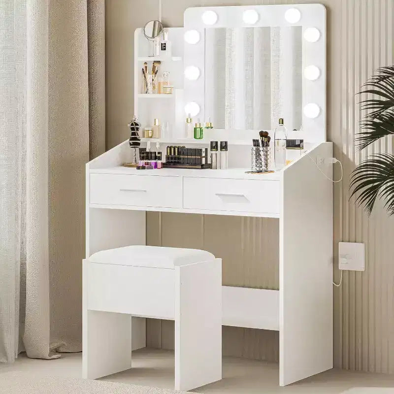 Toeletta con Specchio Illuminato, Presa di Corrente, 3 Modalità di Illuminazione e 2 Cassetti – Tavolo Trucco