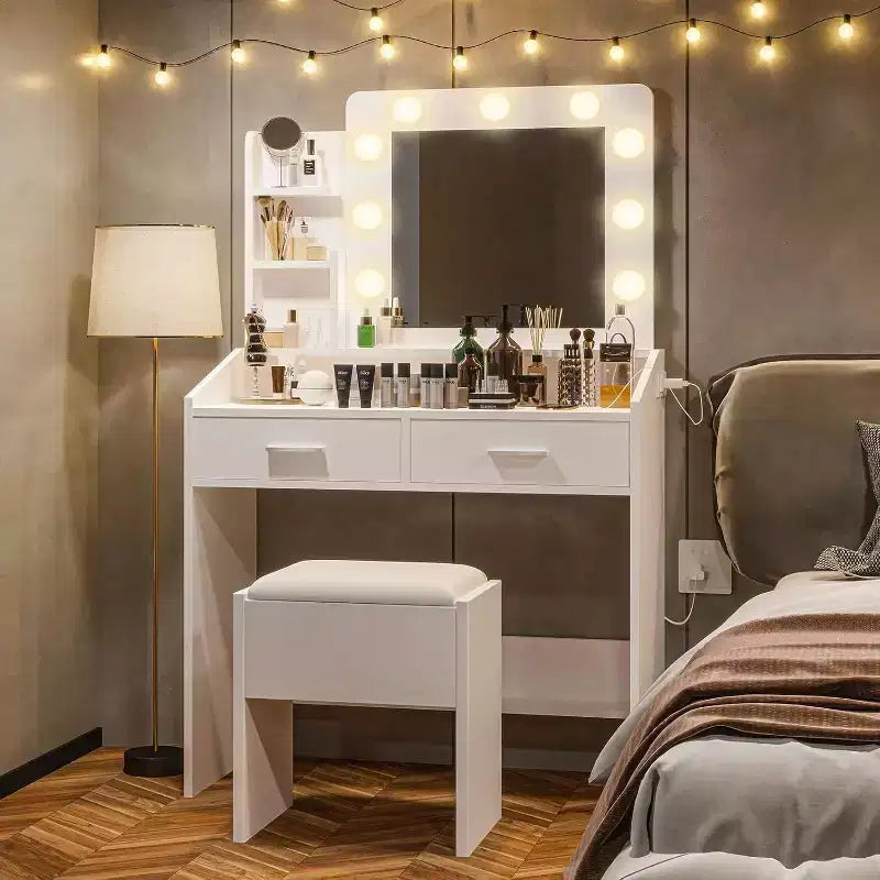 Toeletta con Specchio Illuminato, Presa di Corrente, 3 Modalità di Illuminazione e 2 Cassetti – Tavolo Trucco