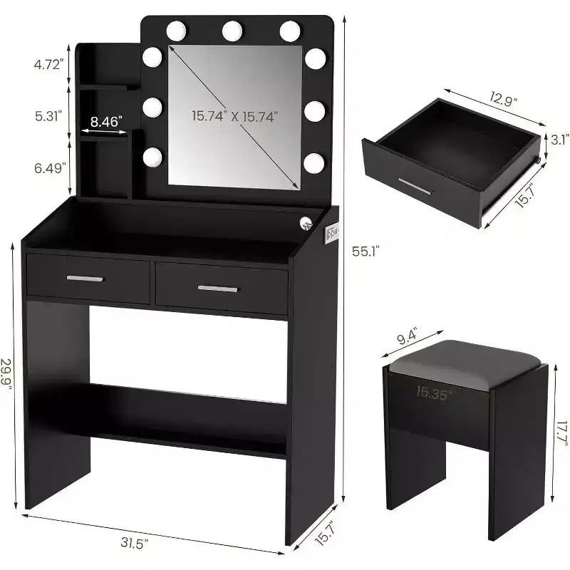 Vanity Desk with Lighted Mirror, Power Outlet, 3 Lighting Modes & 2 Drawers – Makeup Table