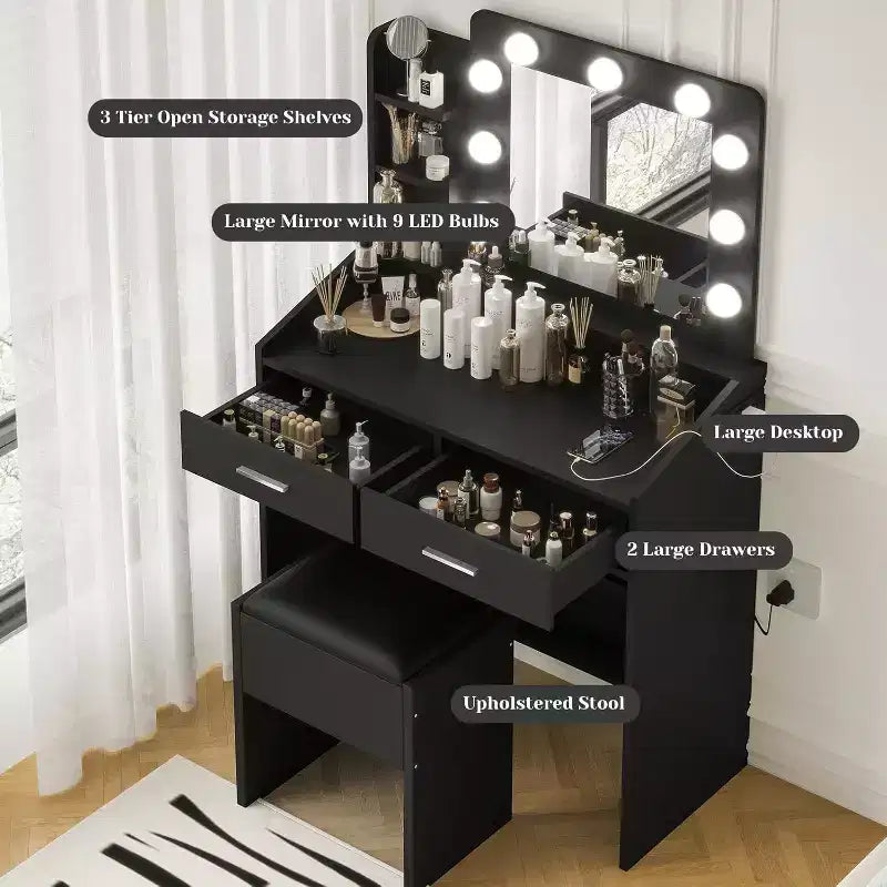 Toeletta con Specchio Illuminato, Presa di Corrente, 3 Modalità di Illuminazione e 2 Cassetti – Tavolo Trucco