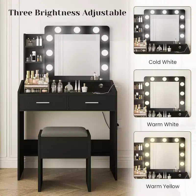 Toeletta con Specchio Illuminato, Presa di Corrente, 3 Modalità di Illuminazione e 2 Cassetti – Tavolo Trucco