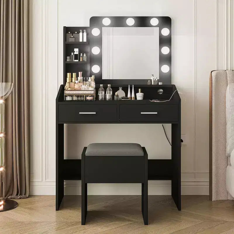 Acekool Vanity Desk with Mirror & Lights, Power Outlet, 3 Lighting Modes, 2 Drawers, Makeup Table for Bedroom