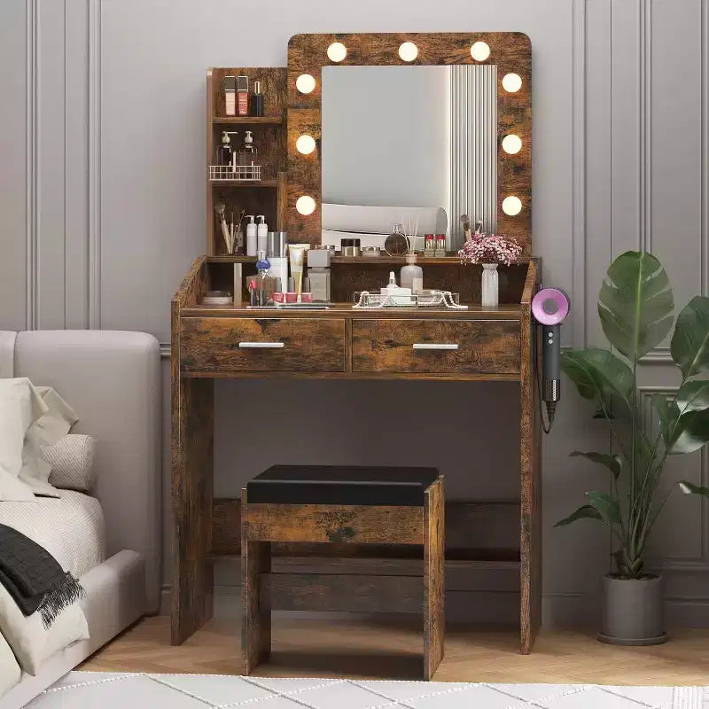 Vanity Desk with Lighted Mirror, Power Outlet, 3 Lighting Modes & 2 Drawers – Makeup Table