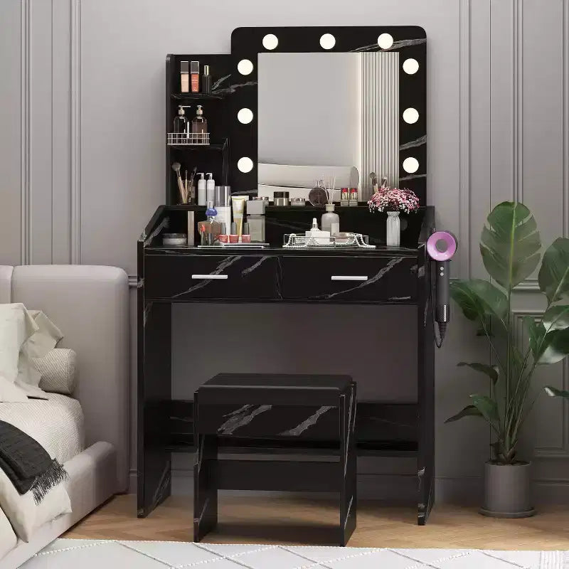 Vanity Desk with Lighted Mirror, Power Outlet, 3 Lighting Modes & 2 Drawers – Makeup Table