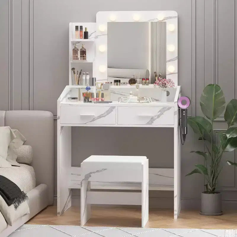 Vanity Desk with Lighted Mirror, Power Outlet, 3 Lighting Modes & 2 Drawers – Makeup Table