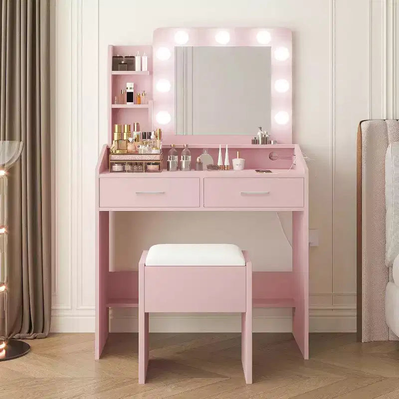 Vanity Desk with Lighted Mirror, Power Outlet, 3 Lighting Modes & 2 Drawers – Makeup Table