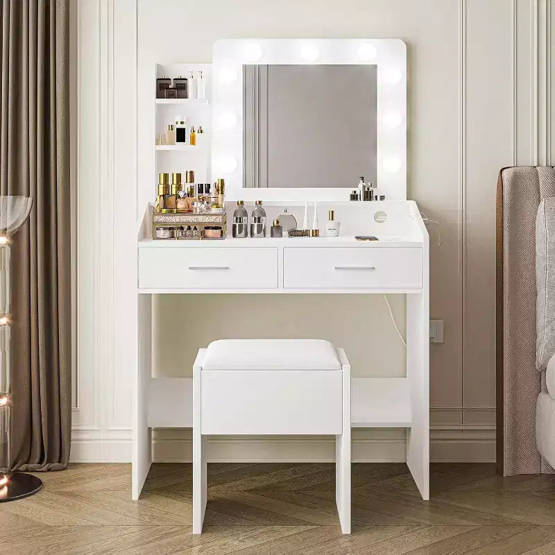 Vanity Desk with Lighted Mirror, Power Outlet, 3 Lighting Modes & 2 Drawers – Makeup Table