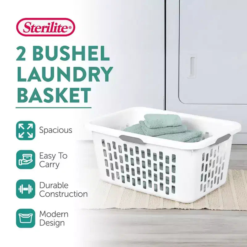 Cesto per la biancheria in plastica da 2 bushel con 4 maniglie Comfort Grip – Bianco, confezione da 6