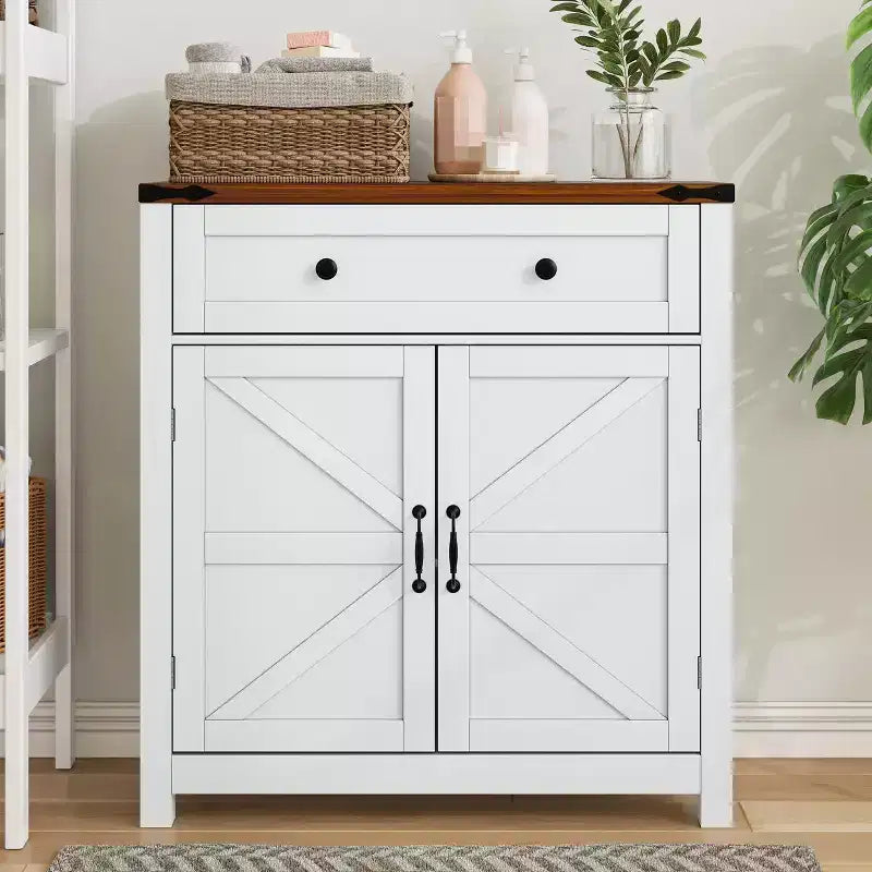Okak Modern Storage Cabinet, Kitchen Cabinet with Walnut Countertop and Adjustable Shelf, Bar Cabinet for Kitchen, Dining Room, Entryway