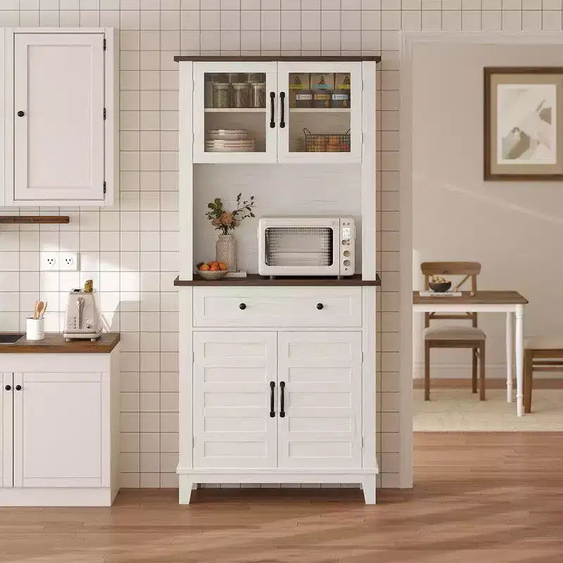 Kitchen Pantry, 72 Farmhouse Coffee Bar Table with Storage Drawers & Glass Doors