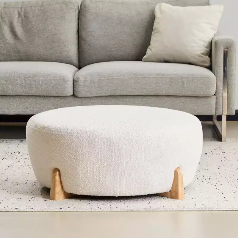 Pouf Rotondo Moderno in Bouclé – Poggiapiedi d'Appoggio Imbottito Morbido