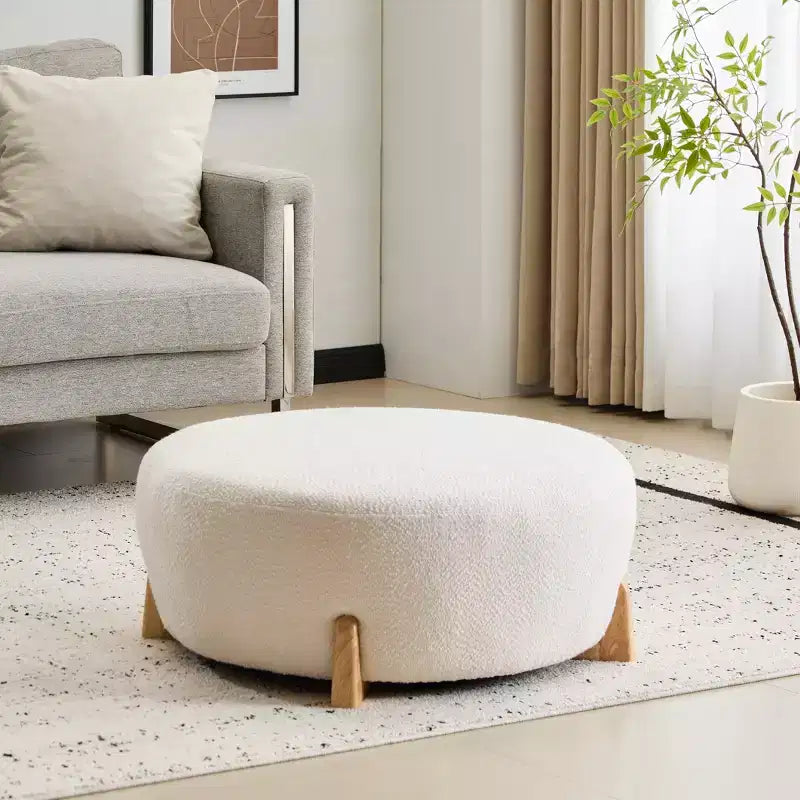 Pouf Rotondo Moderno in Bouclé – Poggiapiedi d'Appoggio Imbottito Morbido