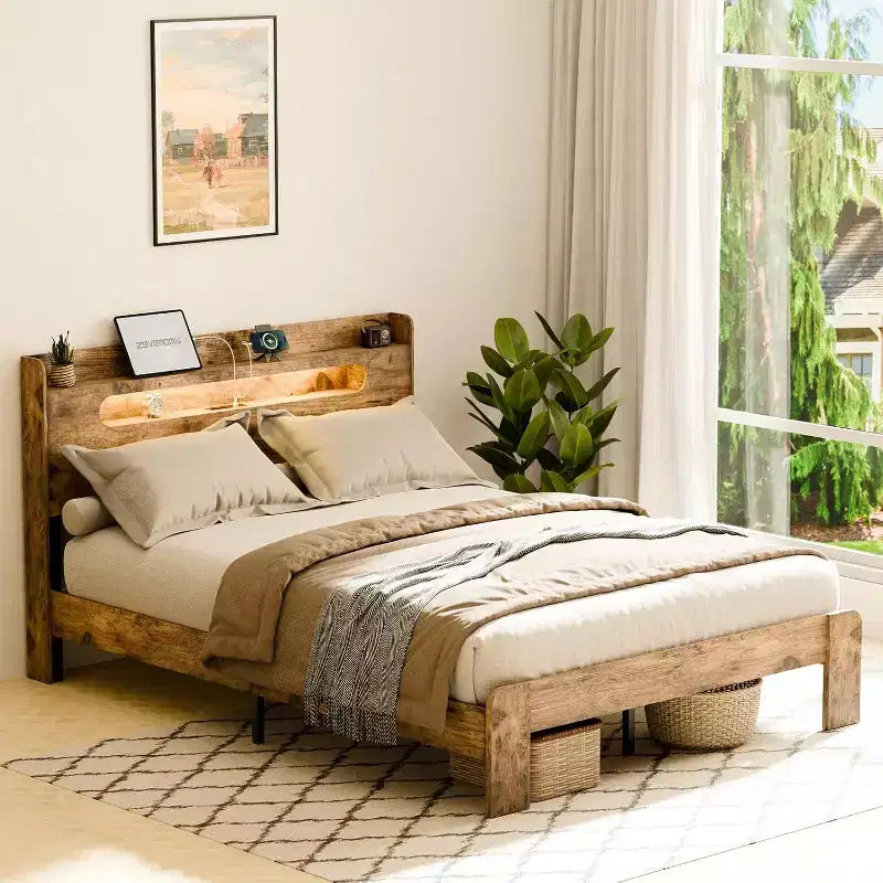 Zevemomo King Size Bed Frame Wood with Headboard, LED Light, Durable Wooden Frame, No Noise, Rustic Brown (Arc Edge Rectangular Slot)