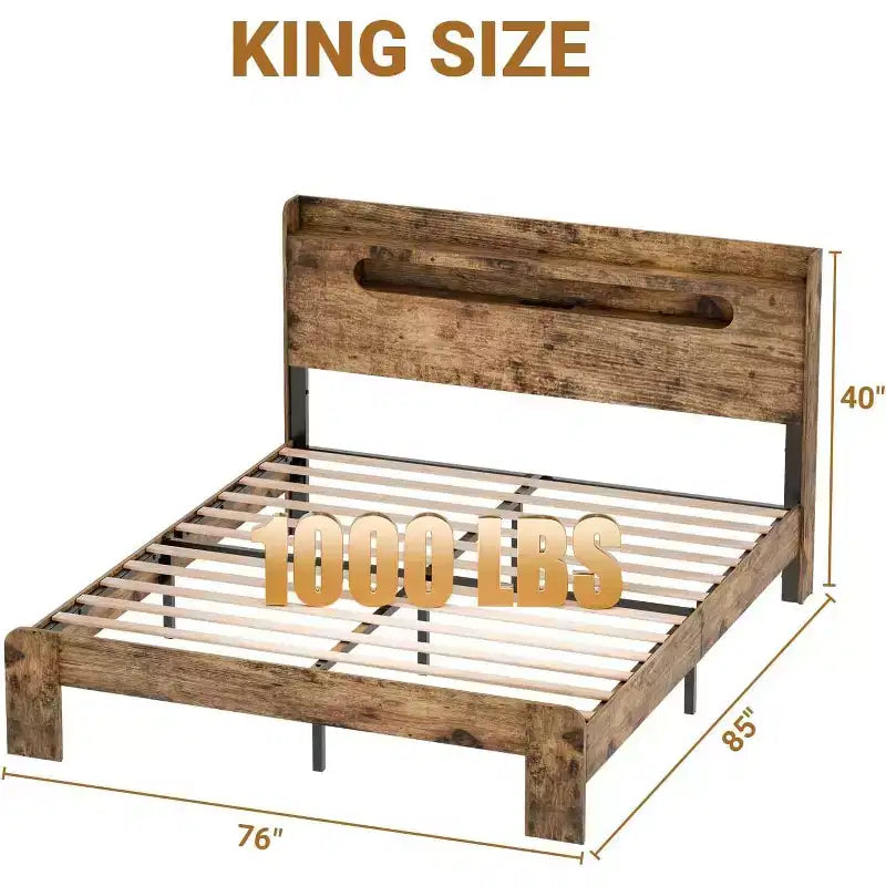 King Size Bed Frame with Headboard and LED Lights – Wood