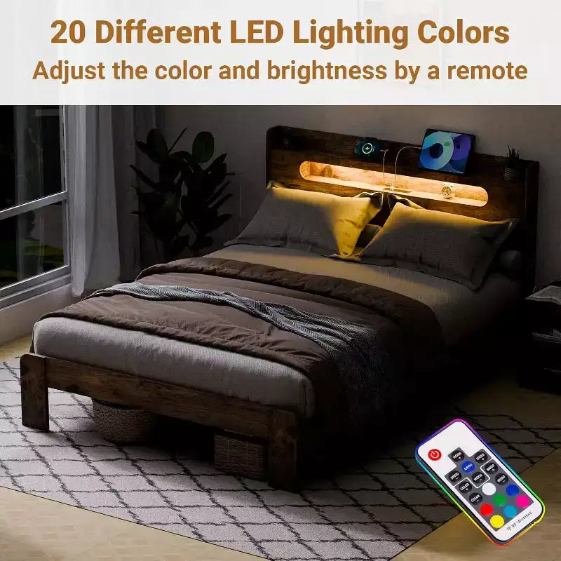 King Size Bed Frame with Headboard and LED Lights – Wood