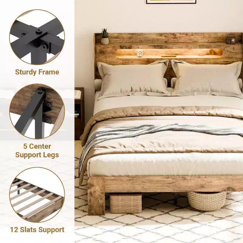 King Size Bed Frame with Headboard and LED Lights – Wood