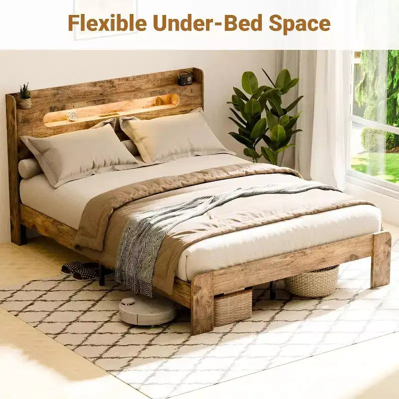 King Size Bed Frame with Headboard and LED Lights – Wood
