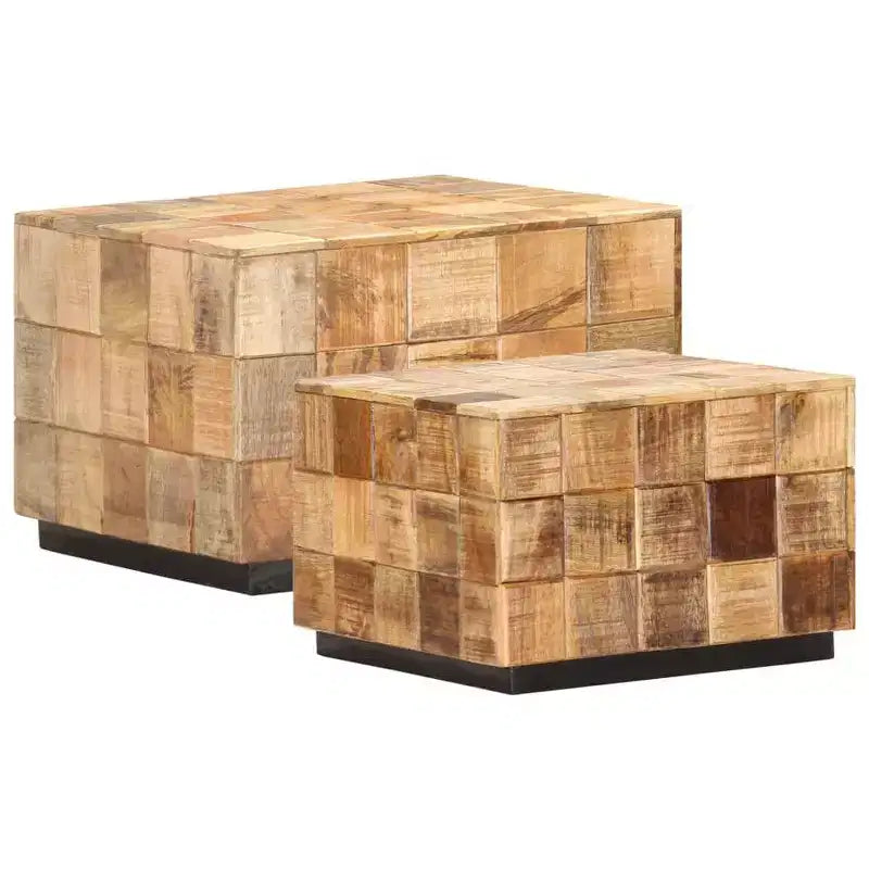 vidaXL Rough Mango Wood Coffee Tables 2-Piece - Square Block Design Accent Nesting Tables, Brown, No Assembly Required