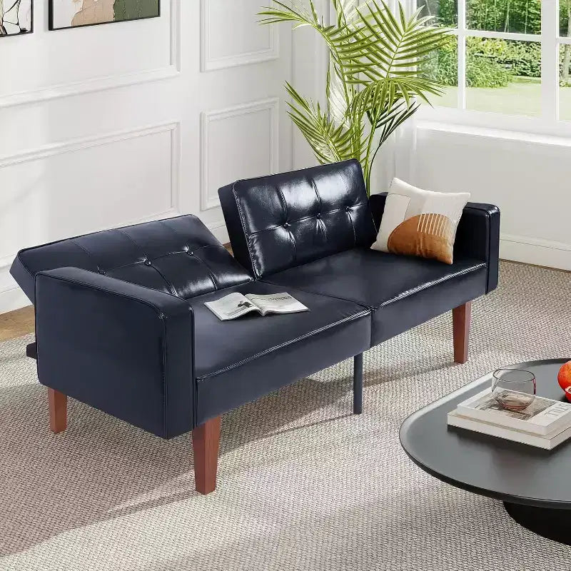 Zevemomo Convertible Sofa Bed With Adjustable BackrestFunctions As A Recliner And Loveseat,Foam And Spring Cushions,Bright Plain Black