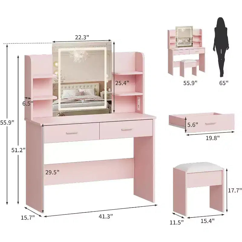 Vanity Desk with Lighted Mirror, Stool, Power Outlet & 6 Shelves – Pink Makeup Vanity