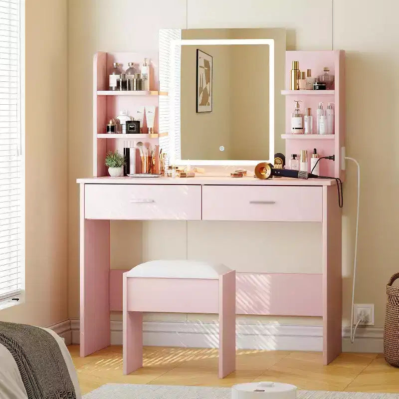 Vanity Desk with Lighted Mirror, Stool, Power Outlet & 6 Shelves – Pink Makeup Vanity